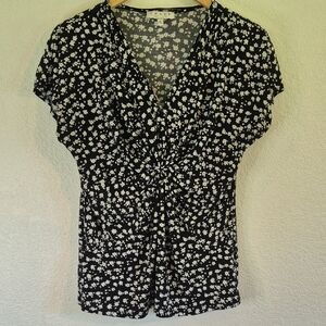 Chaus NY Black & White Floral Ruched Wrap Blouse Short Sleeve Top Sz Large Flowy
